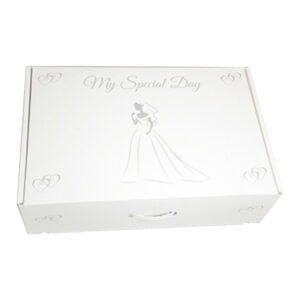 Premium lightweight wedding dress travel box with extra handle for easy carrying and protection.
