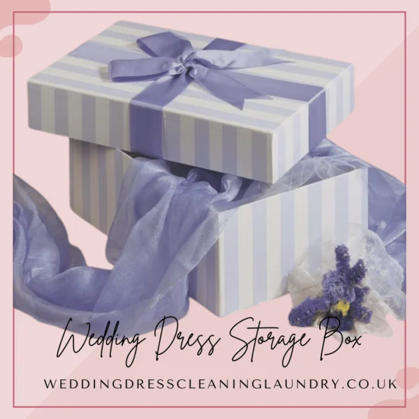 A white and purple stripe acid-free wedding dress box, ideal for long-term preservation in the UK.