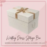 A premium bridal dress box for storage across the UK, designed for optimal preservation with gold ribbon