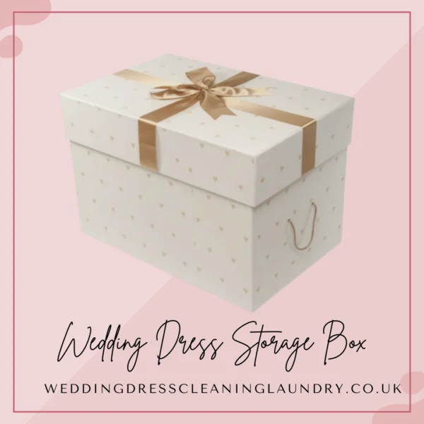 A premium bridal dress box for storage across the UK, designed for optimal preservation with gold ribbon