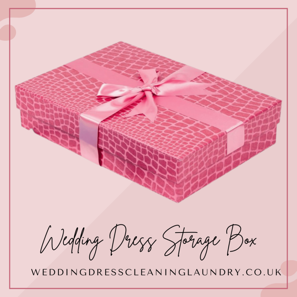 A stylish pink wedding gown box for storage, designed for brides in London.