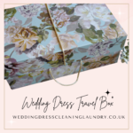 a box with a handle and a string. Wedding dress travel box with handle and string, ideal for safe and stylish transport for London brides.