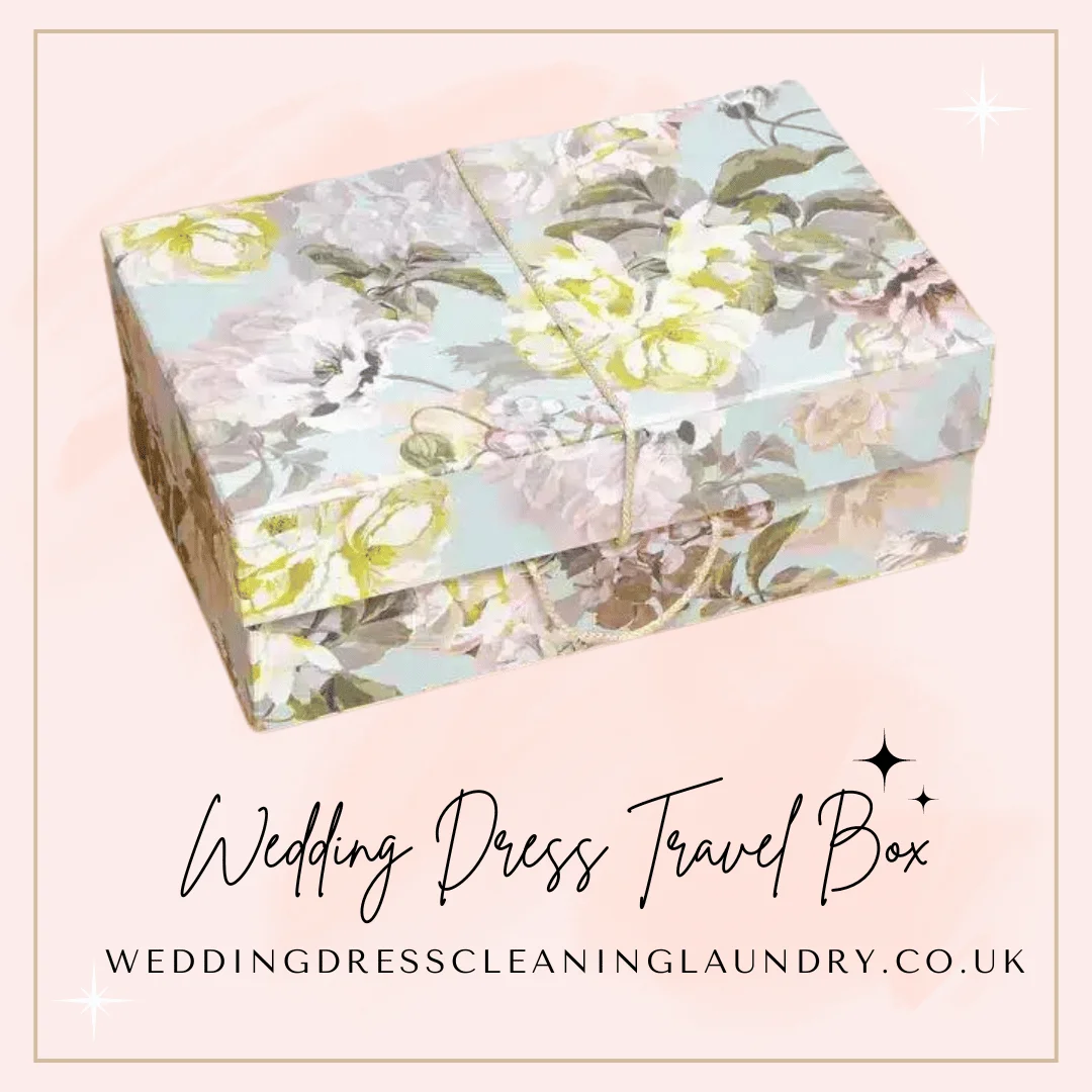 a box with a floral design. Floral design wedding dress travel box, ideal for UK travel and storage.