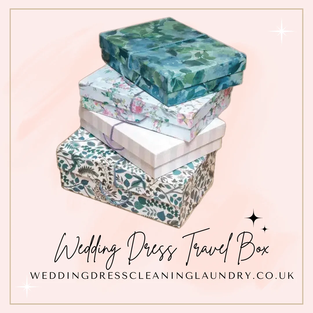 a stack of boxes with floral designs. Stack of wedding dress travel boxes with floral designs, available at Argos.
