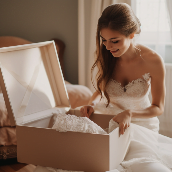 High-quality wedding dress storage box with acid-free tissue and lace trim.