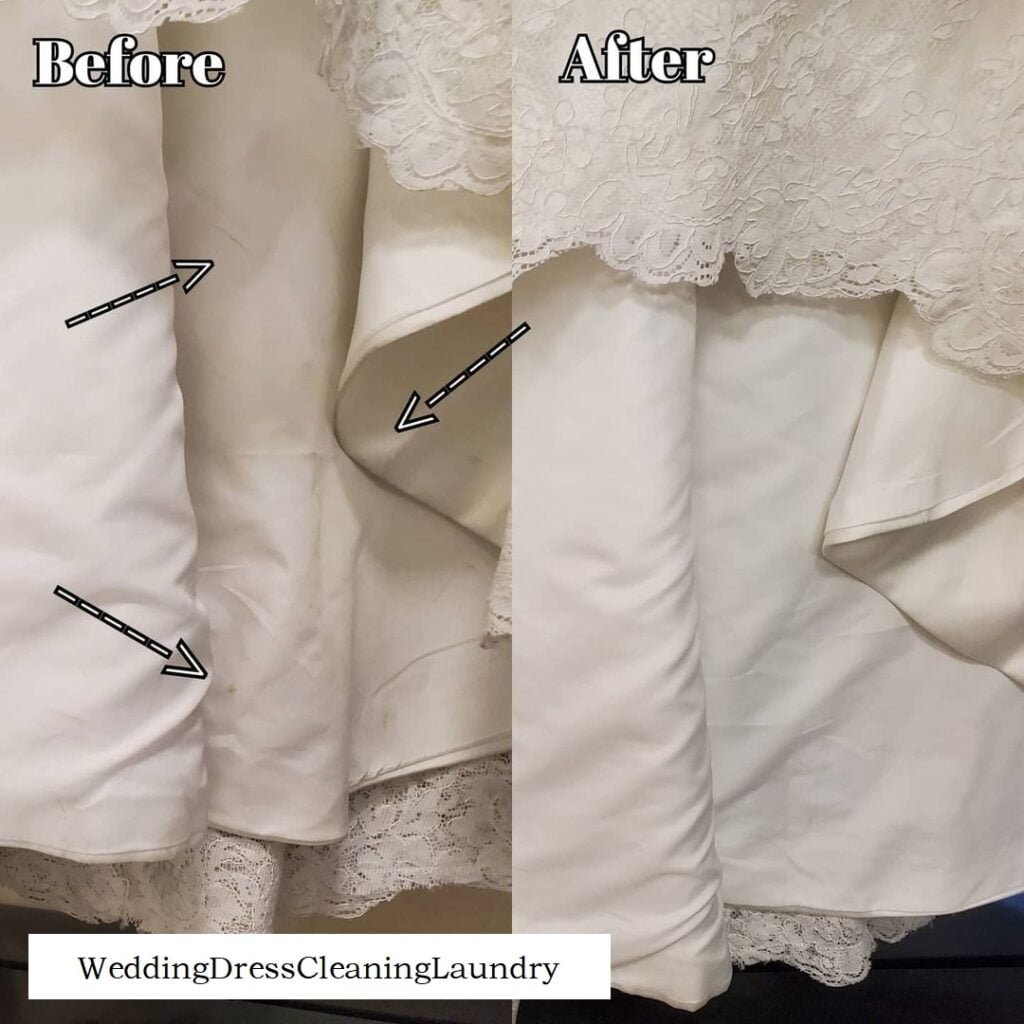 Comparison between dry cleaning and wet cleaning methods for a wedding dress, highlighting the benefits of wet cleaning in removing stains and strengthening the fabric.