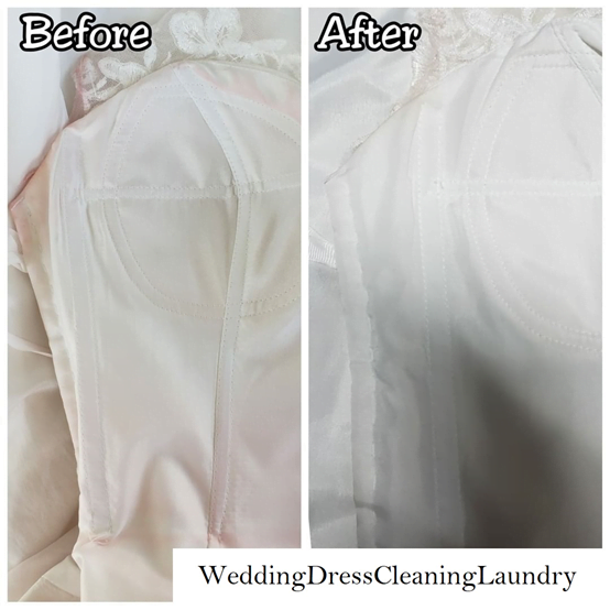 A wedding dress with visible makeup stains before cleaning, and the same dress restored to its pristine condition after professional cleaning by Wedding Dress Cleaning Laundry UK.