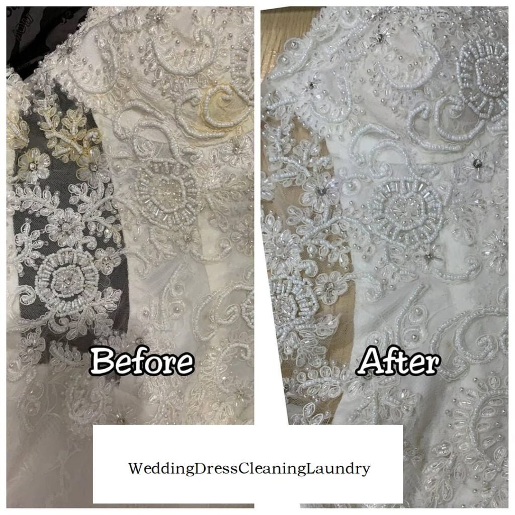 A wedding dress perfume stains before cleaning, and the same dress restored to its original condition after professional stain removal by Wedding Dress Cleaning Laundry UK.