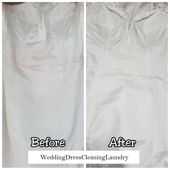 A wedding dress before and after the removal of red dye stains, showing the effectiveness of specialized cleaning techniques by Wedding Dress Cleaning Laundry UK.