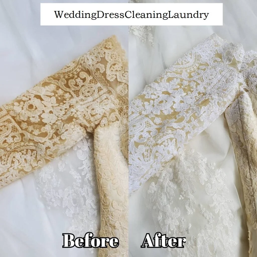 A 50-year-old wedding gown yellowing before cleaning, and the same gown restored to its original white color after professional restoration by Wedding Dress Cleaning Laundry UK.