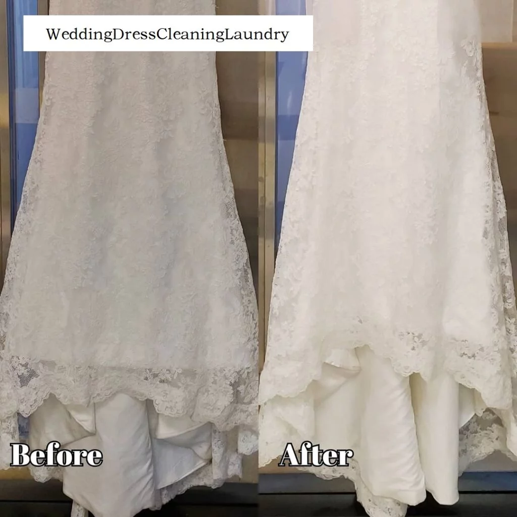 A white wedding dress before cleaning with visible stains and discoloration, and the same dress after cleaning, looking brand new, white, and shining.