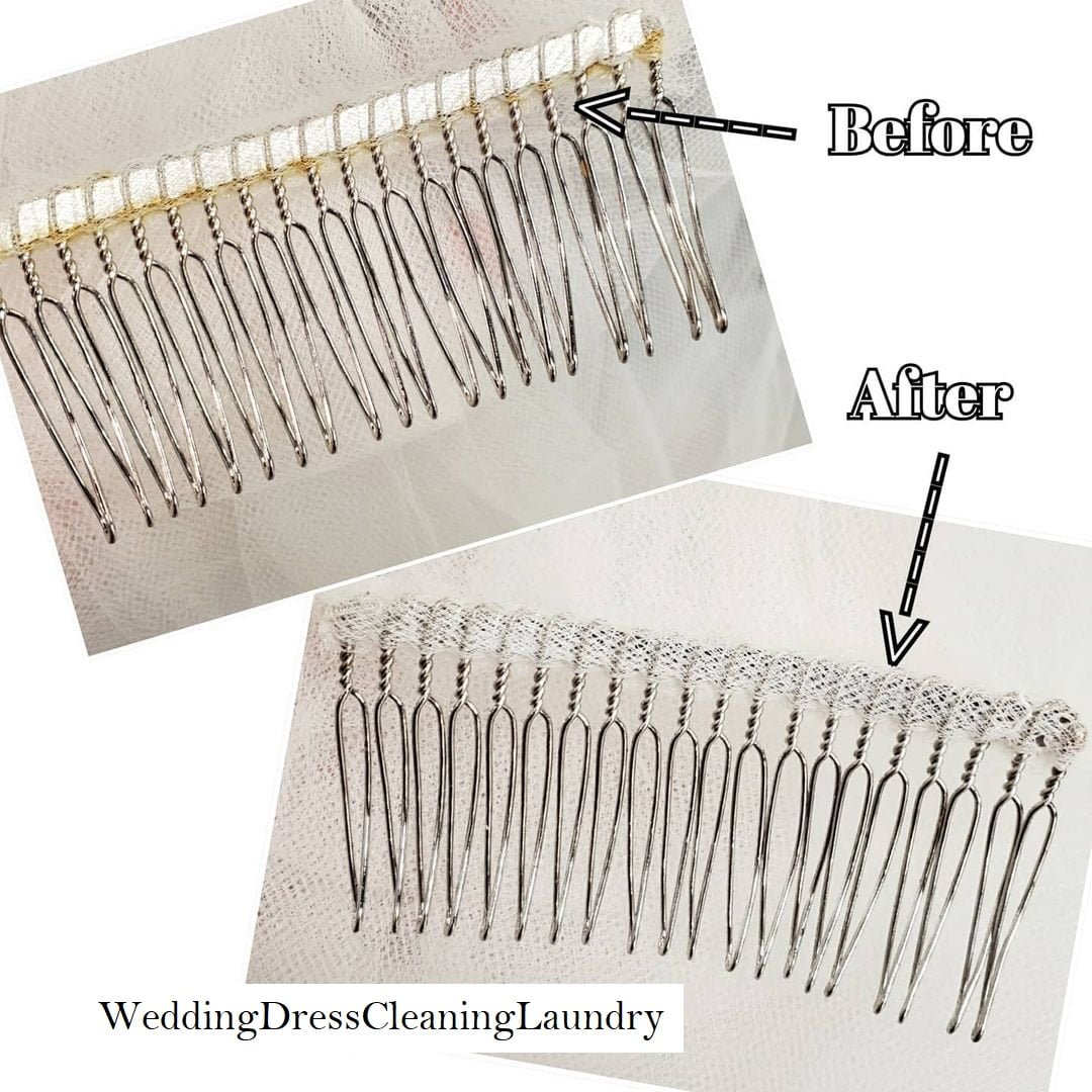 A yellowed bridal veils with rusty metal parts before cleaning, and the same veil with shiny, rust-free metal parts after professional rust removal treatment.