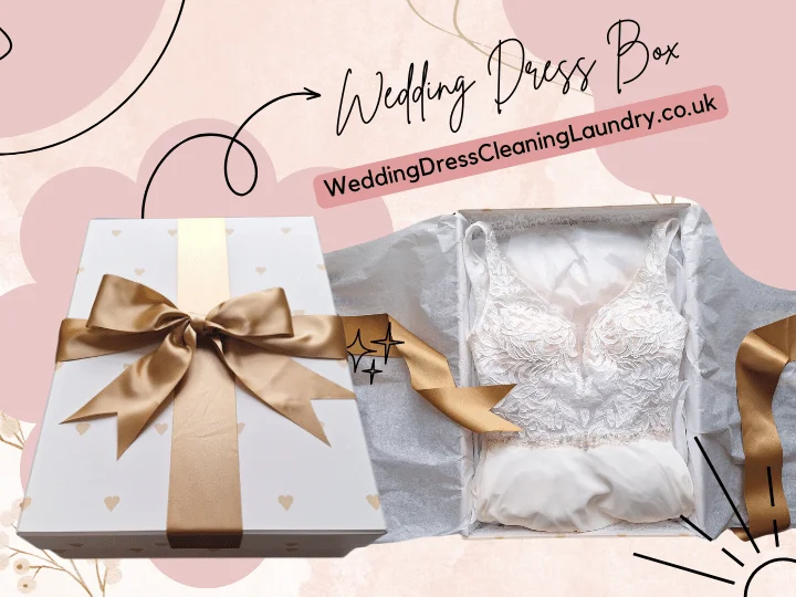 Wedding Dress Box Storage with a white satin dress inside, lined with acid-free paper.